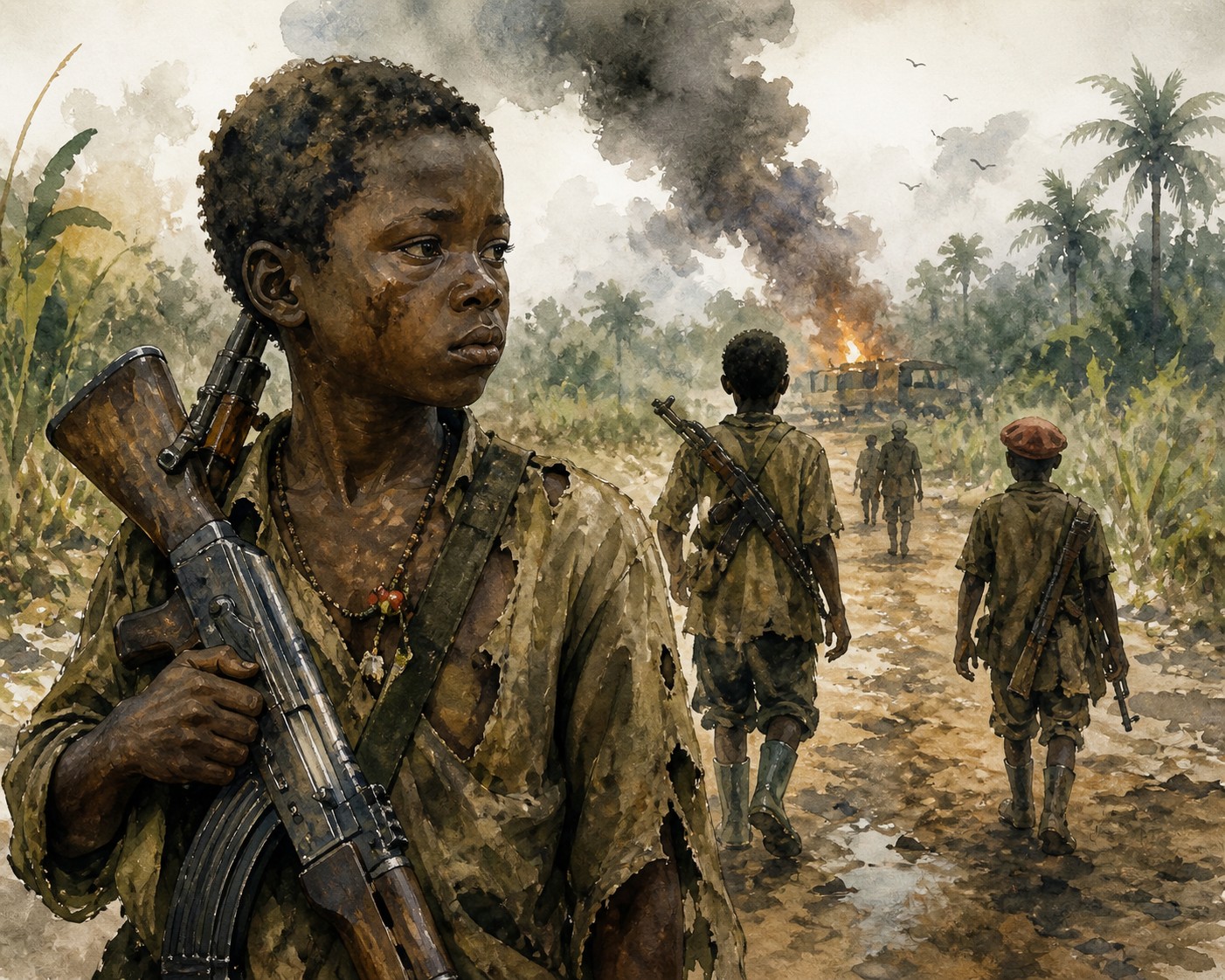 Allah n'est pas obligé — Illustration aquarelle d'enfants-soldats en Afrique de l'Ouest